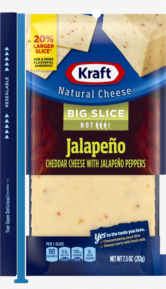 slide 7 of 8, Kraft Big Slice Jalapeno White Cheddar Cheese Slices with Jalapeno Peppers, 10 ct Pack, 10 ct