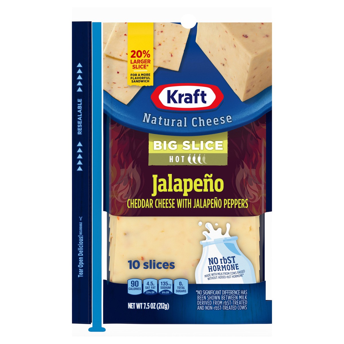 slide 1 of 8, Kraft Big Slice Jalapeno White Cheddar Cheese Slices with Jalapeno Peppers, 10 ct Pack, 10 ct