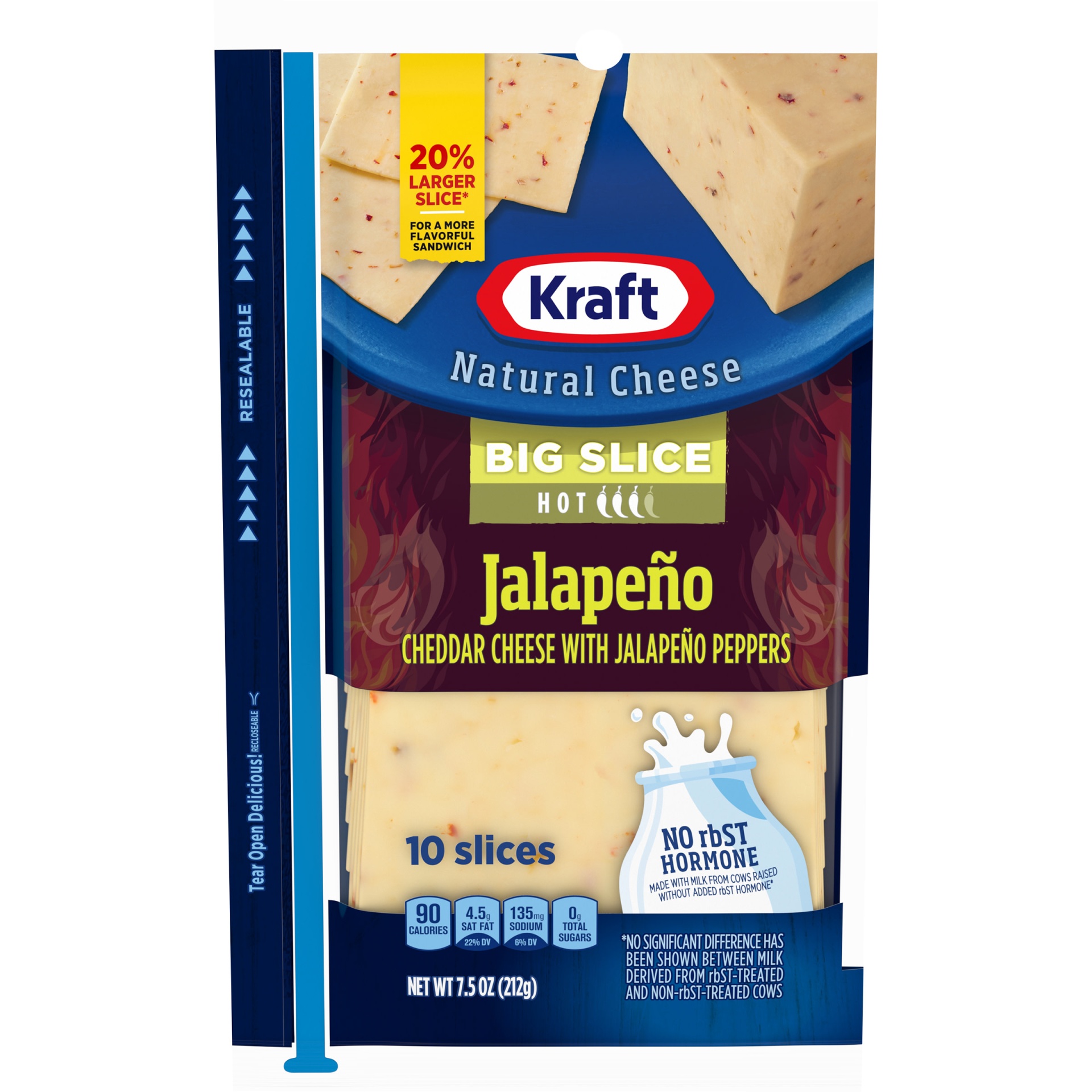 slide 1 of 6, Kraft Big Slice Jalapeno White Cheddar Cheese Slices with Jalapeno Peppers Pack, 10 ct; 7.5 oz
