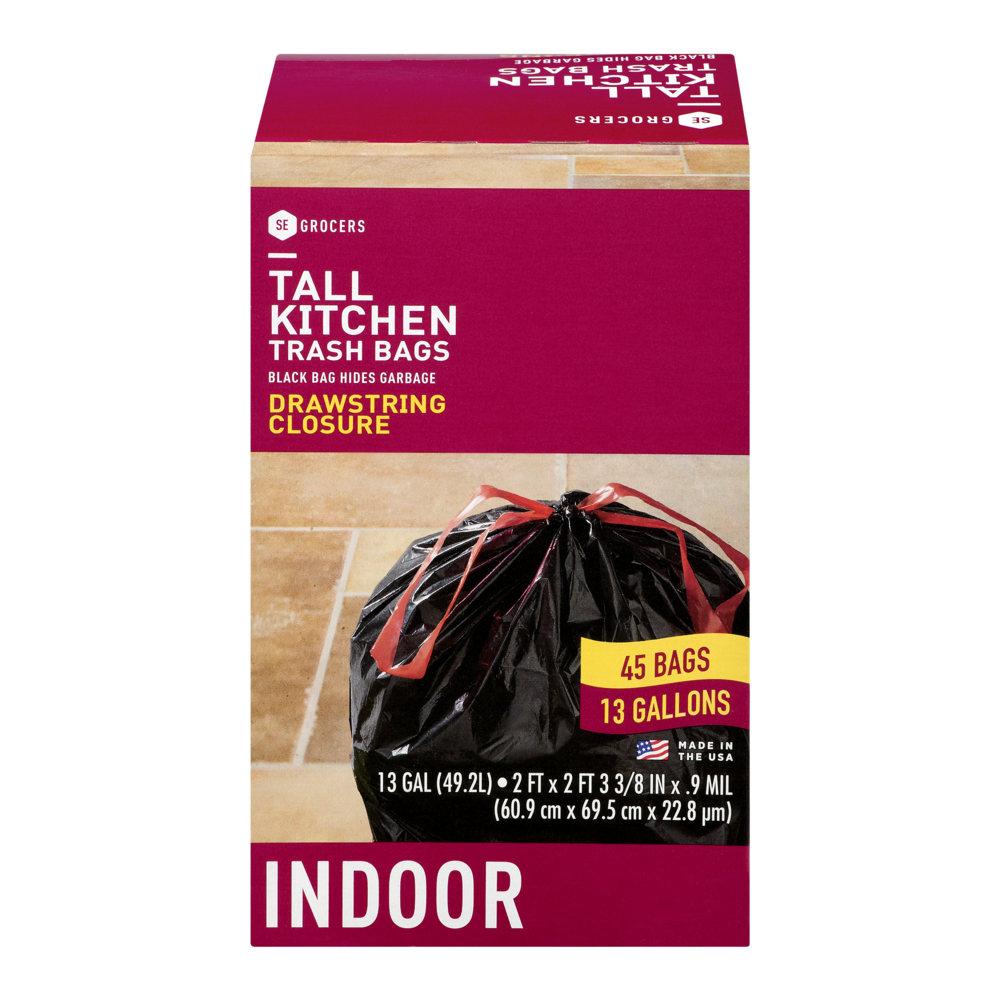 slide 1 of 1, SE Grocers Tall Kitchen Trash Bags Drawstring Closure Indoor Black - 45 CT, 45 ct