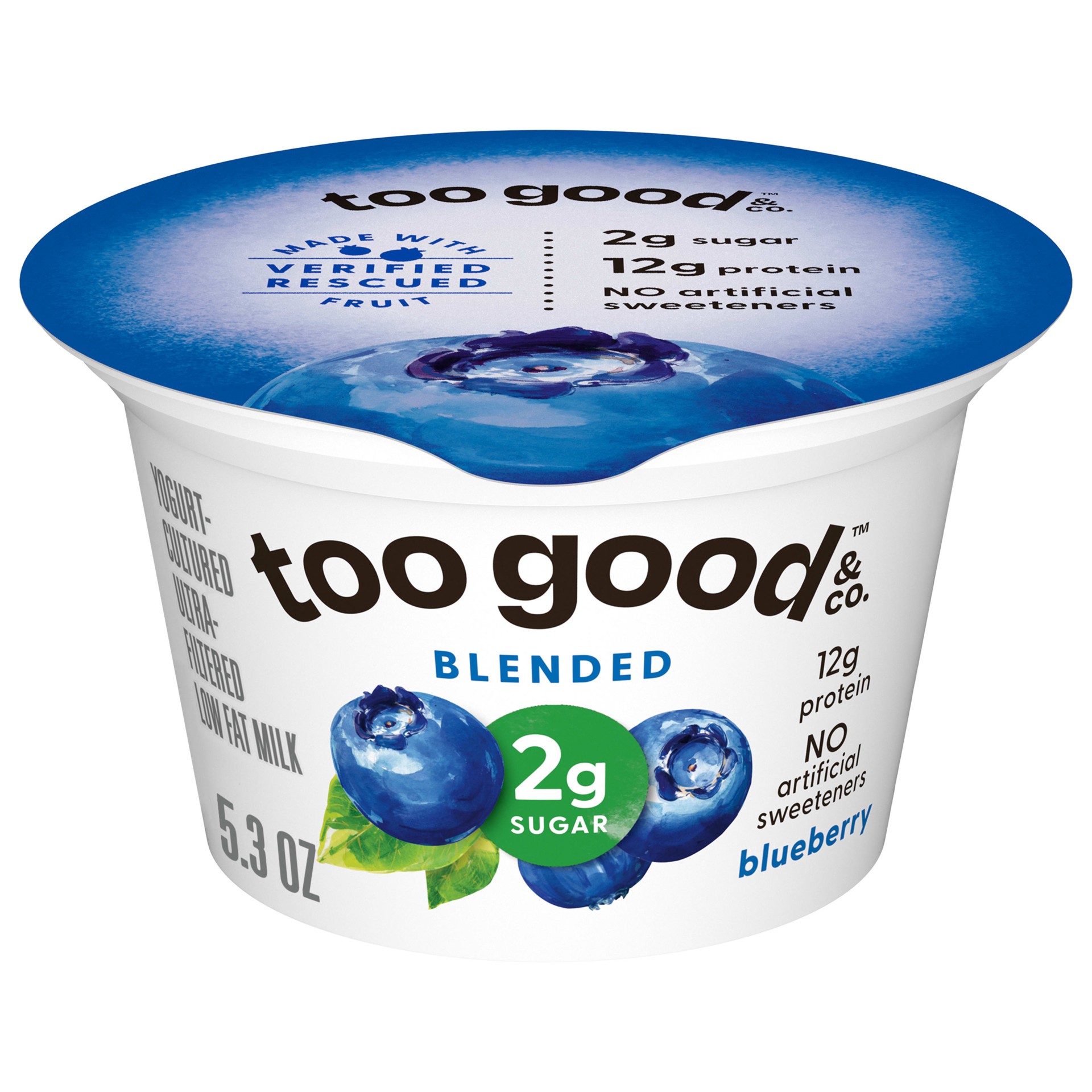 slide 1 of 9, Too Good & Co. Blueberry Flavored Lower Sugar, Low Fat Greek Yogurt Cultured Product, Gluten Free, Keto Friendly Healthy Snacks, 5.3 OZ Cup, 5.3 oz