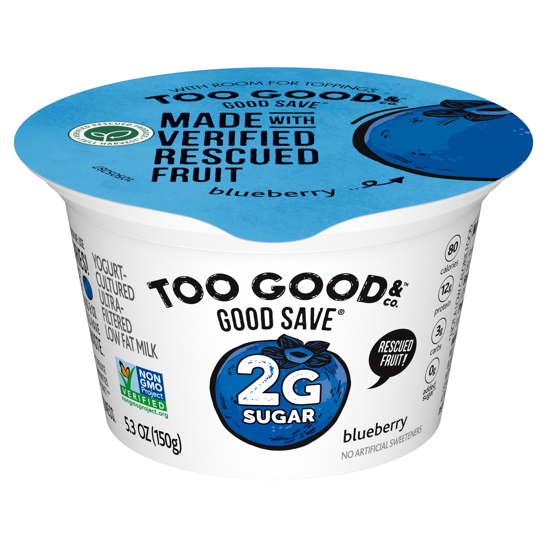 slide 1 of 9, Too Good & Co. Blueberry Flavored Lower Sugar, Low Fat Greek Yogurt Cultured Product, Gluten Free, Keto Friendly Healthy Snacks, 5.3 OZ Cup, 5.3 oz