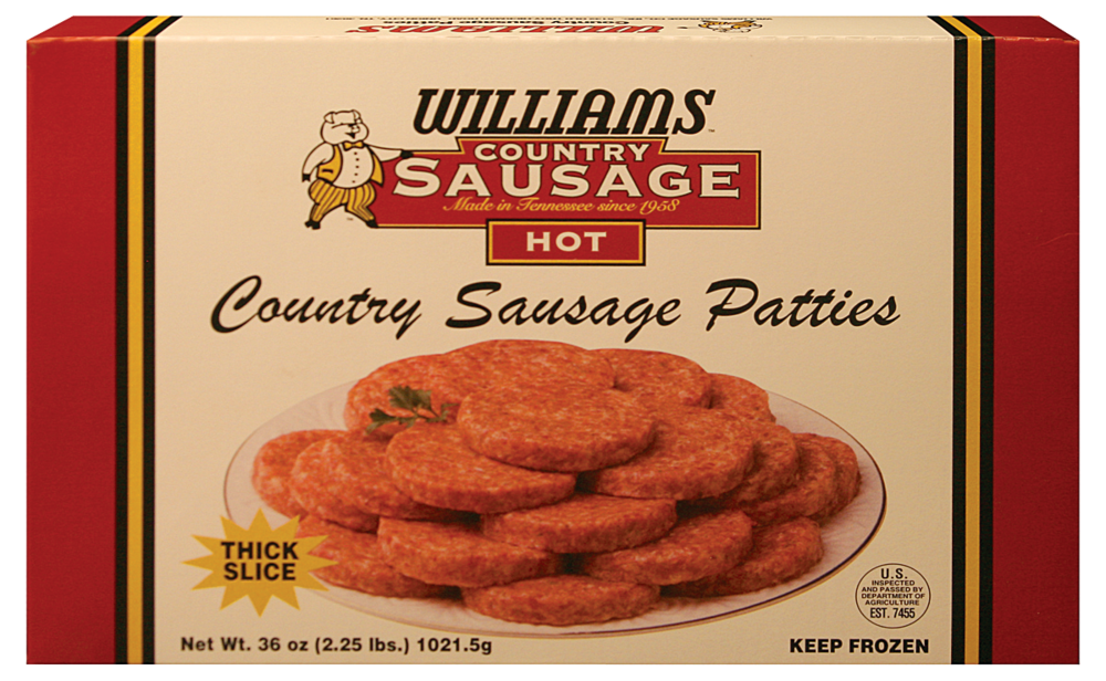 slide 1 of 1, William's Hot Country Sausage Patties, 36 oz