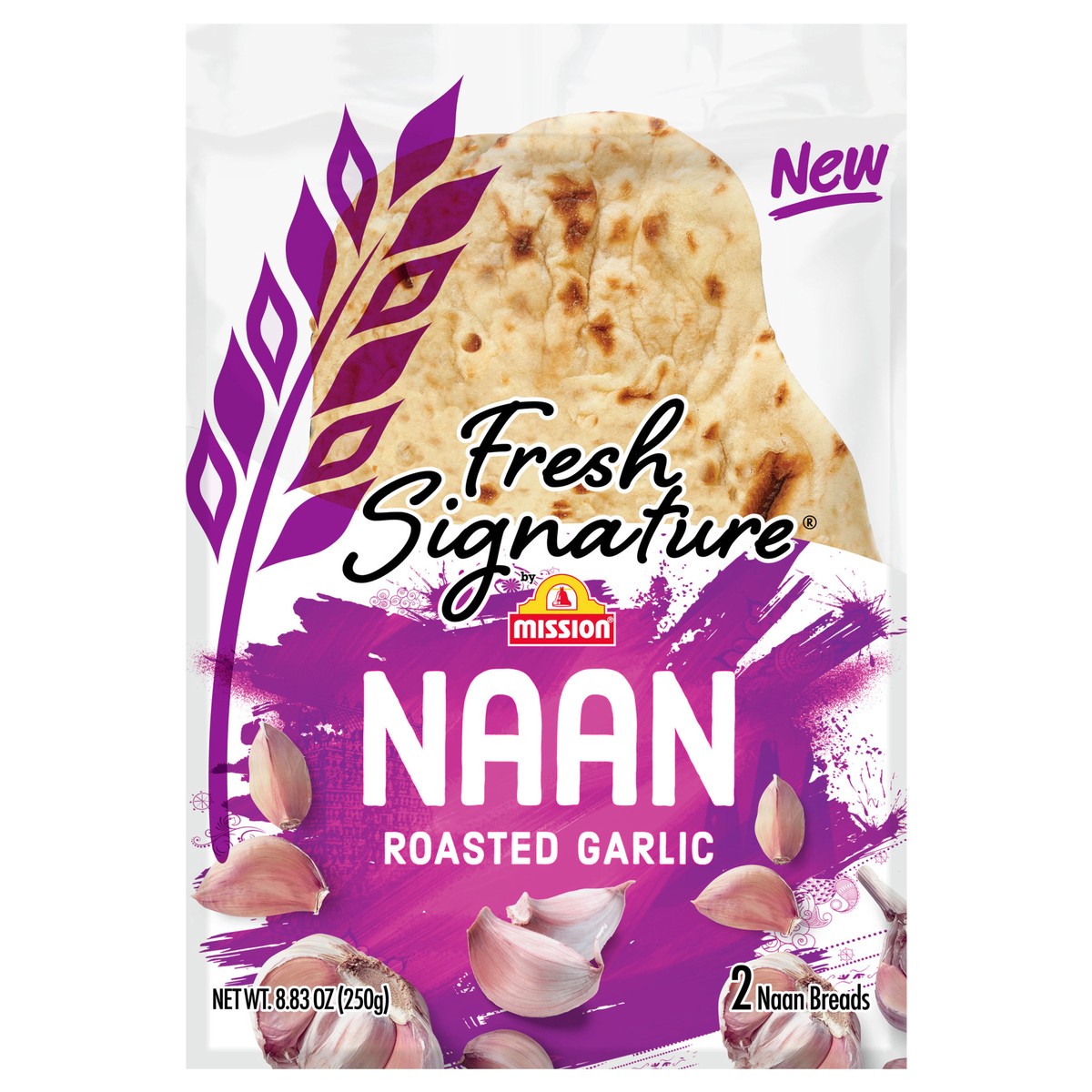 slide 1 of 9, Mission Fresh Signature Roasted Garlic Naan Bread - 2 ct, 2 ct; 8.83 oz