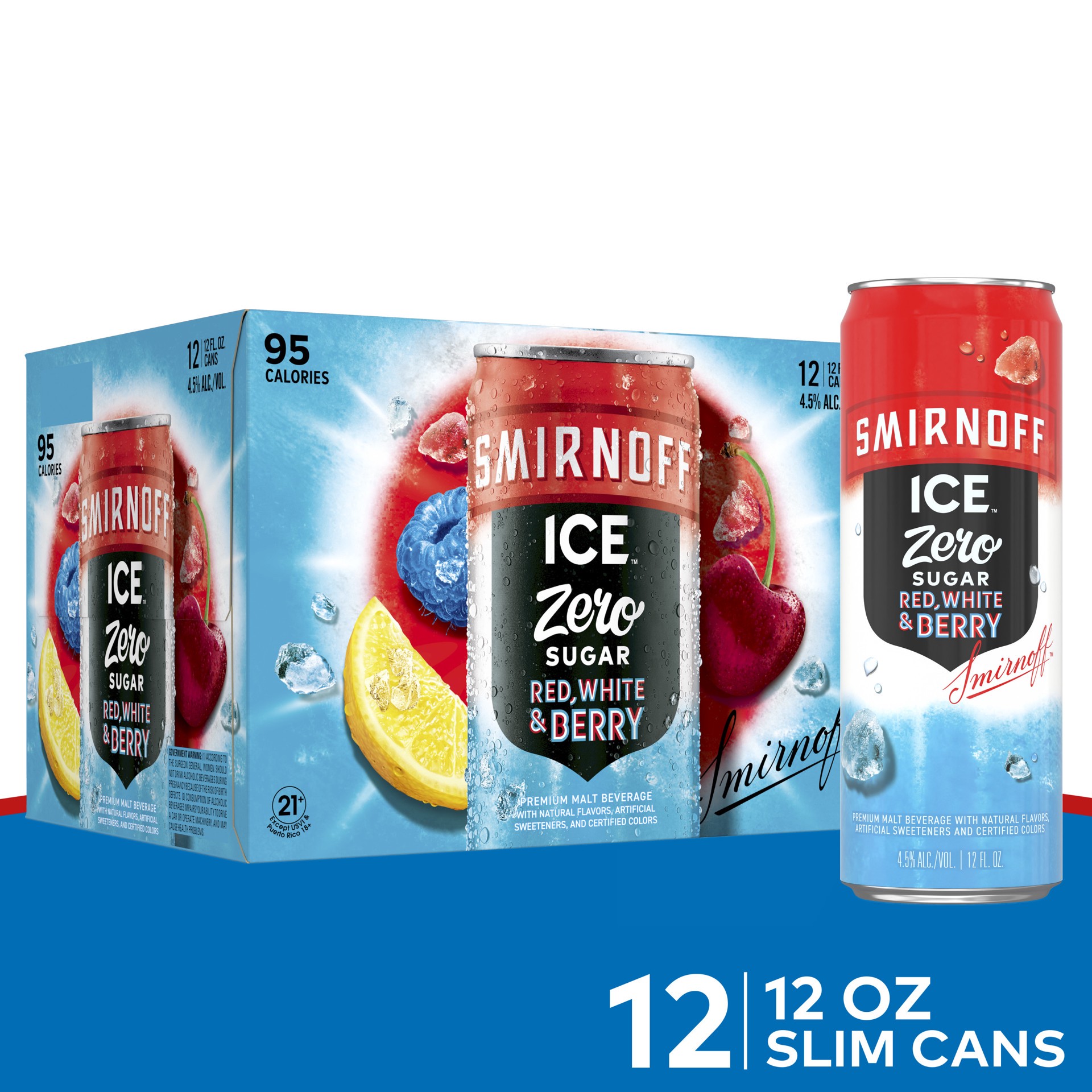 slide 1 of 8, Smirnoff Ice Zero Sugar Red White & Berry Sparkling Drink, 12oz Cans, 12pk, 12 ct