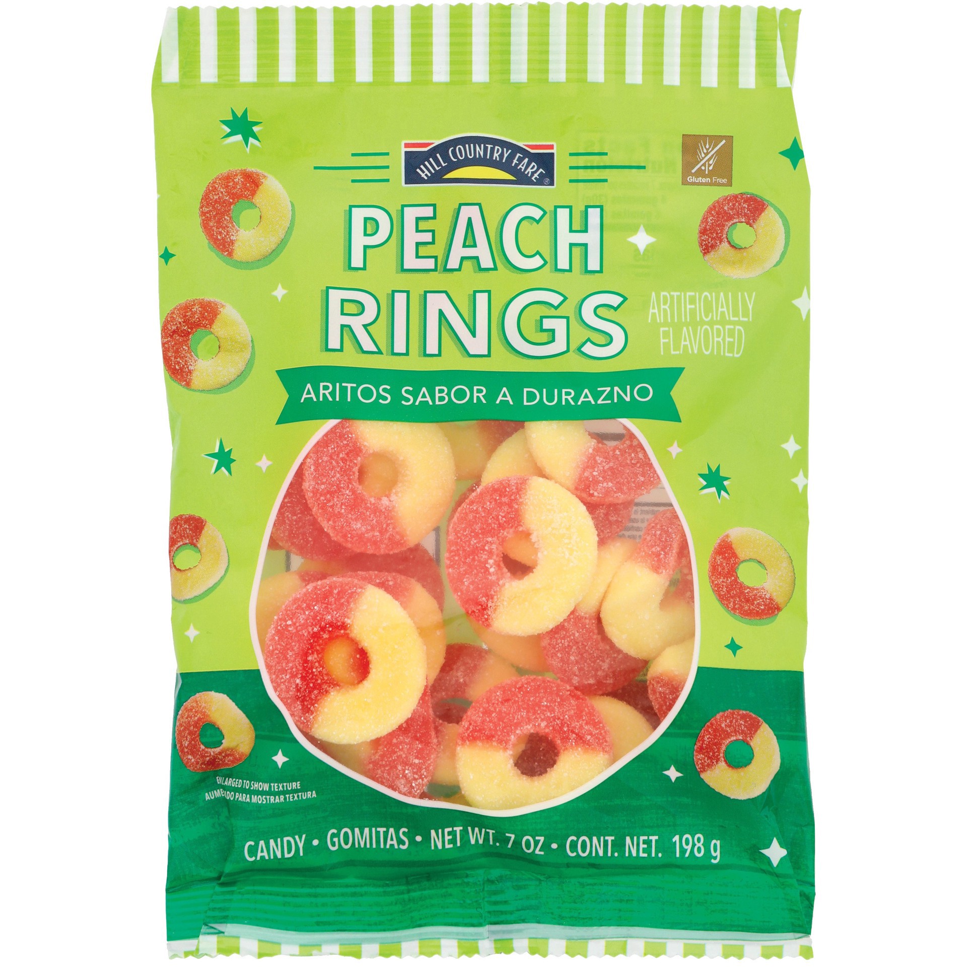 slide 1 of 1, Hill Country Fare Peach Rings, 7 oz