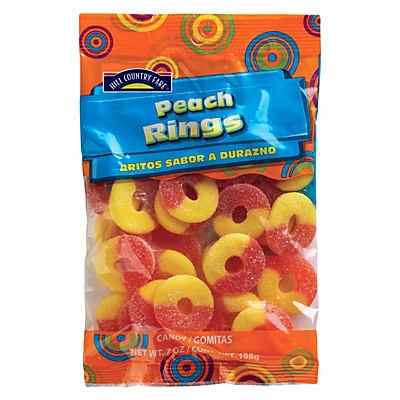 slide 1 of 1, Hill Country Fare Peach Rings, 7 oz