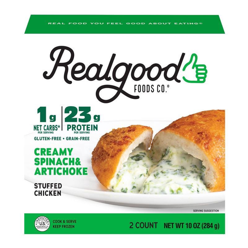 slide 1 of 5, Realgood Frozen Stuffed Chicken Spinach & Artichoke - 10oz/2ct, 2 ct; 10 oz