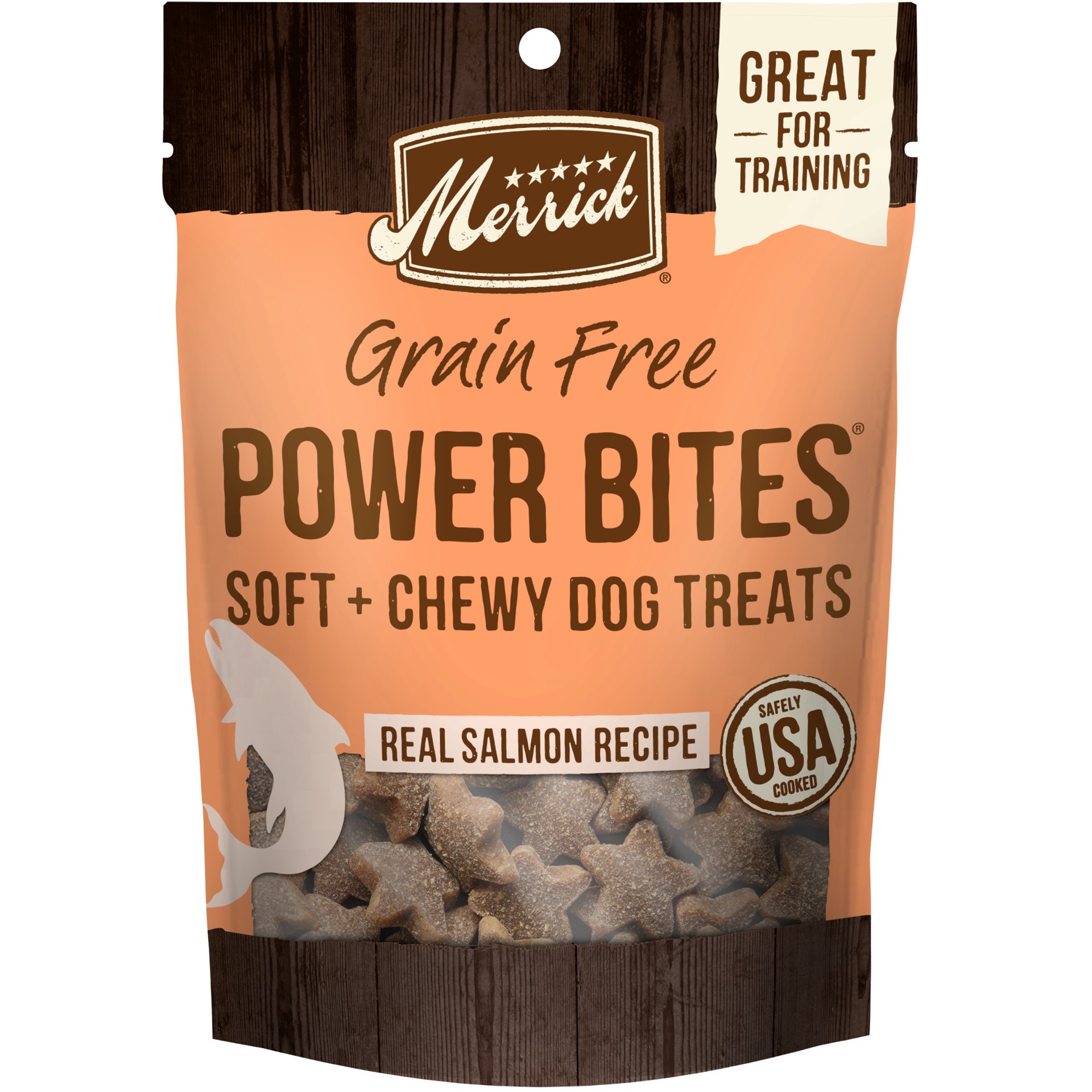 slide 1 of 9, Merrick Power Bites Natural Soft And Chewy Real Meat Dog Treats, Grain Free Snack With Real Salmon Recipe, 6 oz