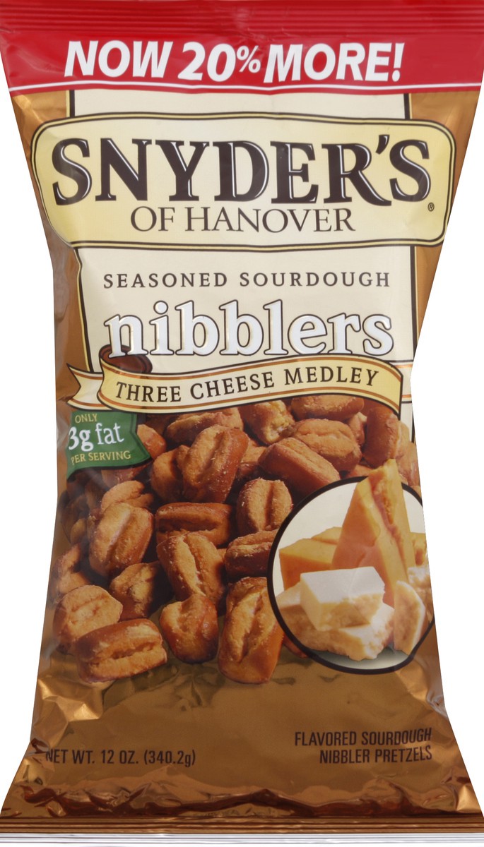 slide 5 of 6, Snyder's of Hanover Seasoned Sourdough Nibblers Three Cheese Medley Pretzels, 12 oz