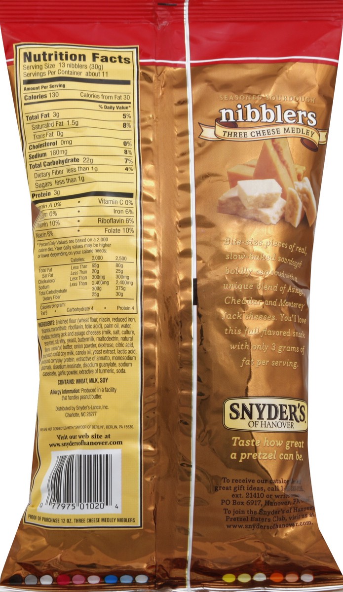 slide 6 of 6, Snyder's of Hanover Seasoned Sourdough Nibblers Three Cheese Medley Pretzels, 12 oz