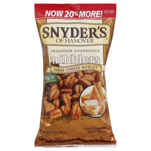 slide 1 of 6, Snyder's of Hanover Seasoned Sourdough Nibblers Three Cheese Medley Pretzels, 12 oz