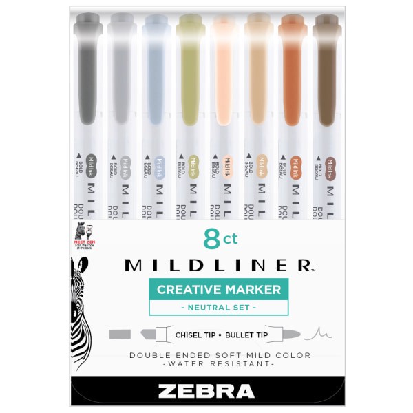 slide 1 of 3, Zebra Mildliner Double-Ended Highlighters, White Barrels, Assorted Neutral Inks, Set Of 8 Highlighters, 1 ct