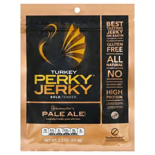 slide 1 of 1, Perky Jerky Turkey Jerky, Brewmaster's Pale Ale Flavored, 2.2 oz