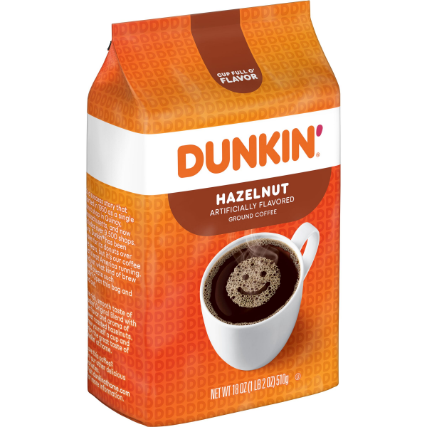 slide 10 of 22, Dunkin' Dunkin’ Hazelnut Artificially Flavored Ground Coffee, 18 Oz. Bag, 18 oz