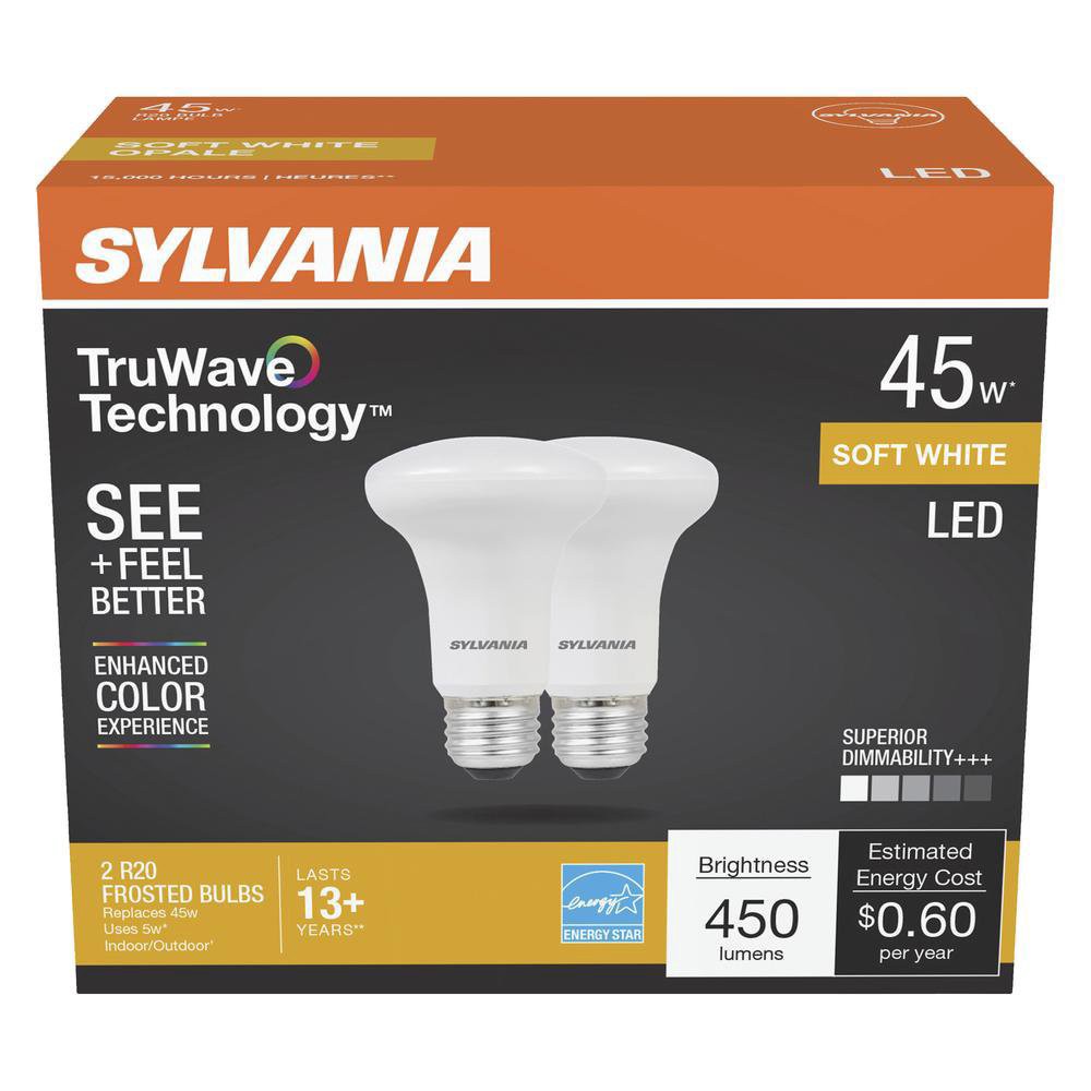 slide 1 of 1, Sylvania TruWave R20 45-Watt Soft White LED Light Bulbs, 2 ct
