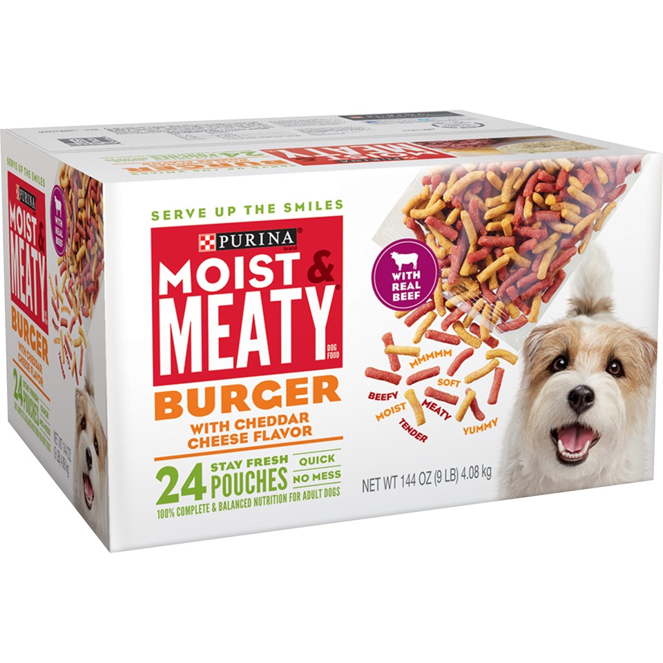 slide 2 of 6, Moist & Meaty Dog Food, Burger With Cheddar Cheese Flavor, 144 oz