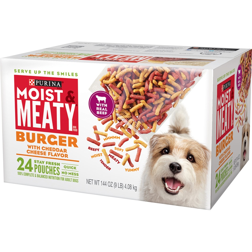 slide 3 of 6, Moist & Meaty Dog Food, Burger With Cheddar Cheese Flavor, 144 oz