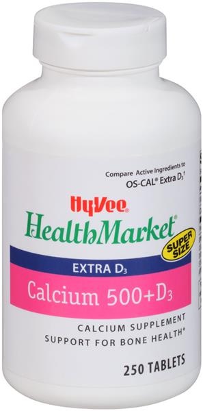 slide 1 of 1, Hy-Vee Health Market Calcium + Extra D3 Supplement, 250 ct; 500 mg