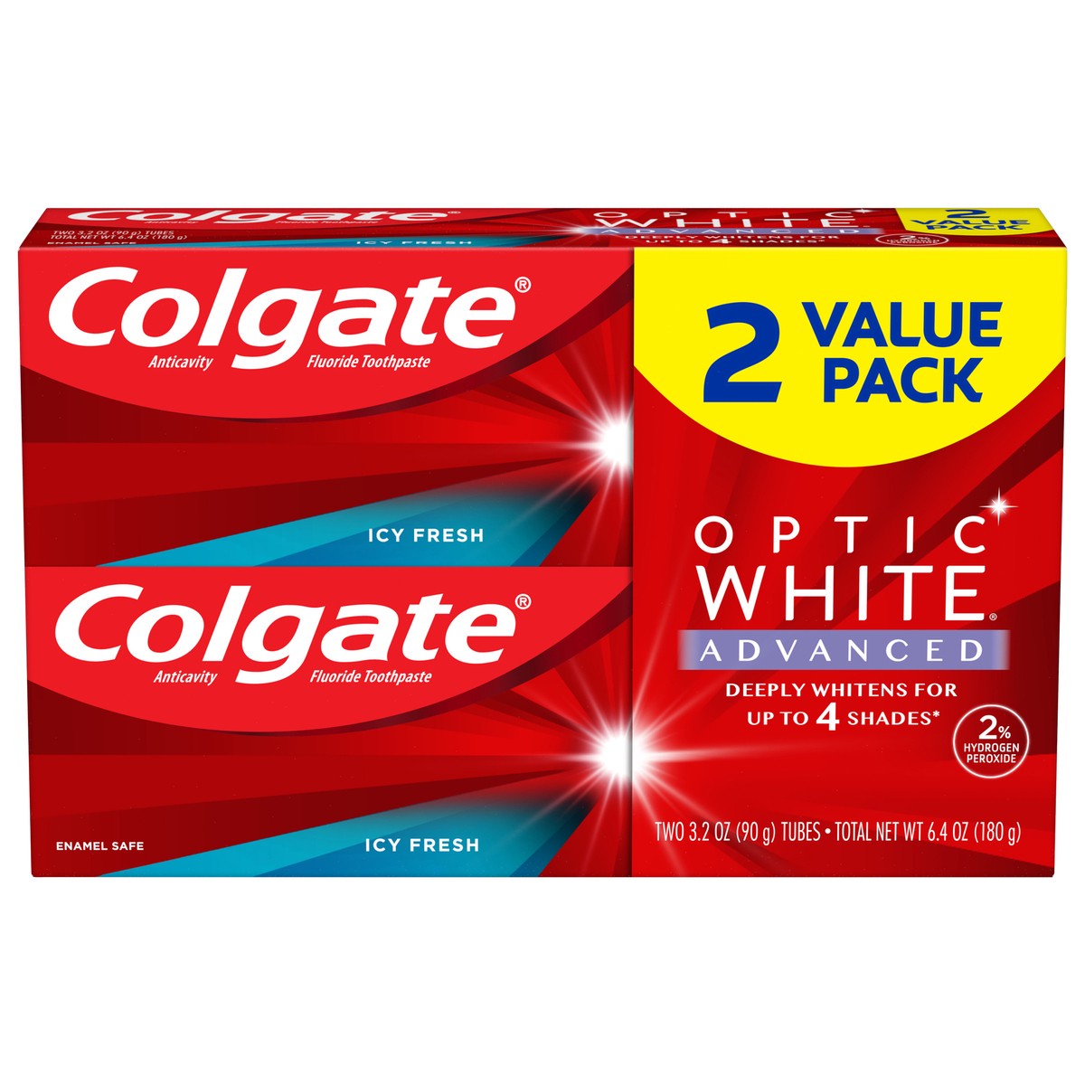 slide 1 of 8, Colgate Optic White Advanced Teeth Whitening Toothpaste, Icy Fresh, 3.2 Oz, 2 Pack, 6.4 oz