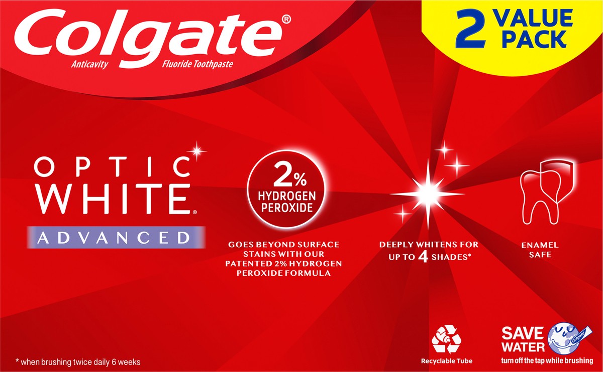 slide 7 of 8, Colgate Optic White Advanced Teeth Whitening Toothpaste, Icy Fresh, 3.2 Oz, 2 Pack, 6.4 oz