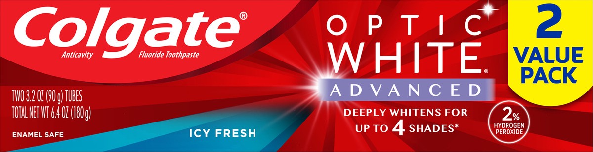 slide 2 of 8, Colgate Optic White Advanced Teeth Whitening Toothpaste, Icy Fresh, 3.2 Oz, 2 Pack, 6.4 oz