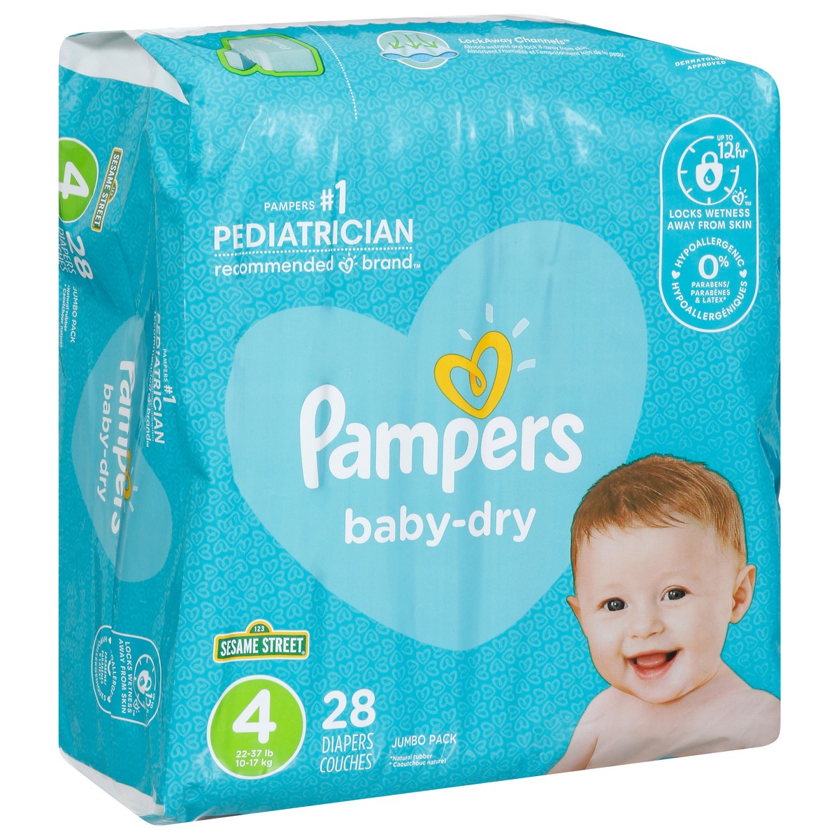 slide 1 of 9, Pampers Baby-Dry Sesame Street Diapers Size 4 (22-37 lb) Jumbo Pack 28 ea, 28 ct