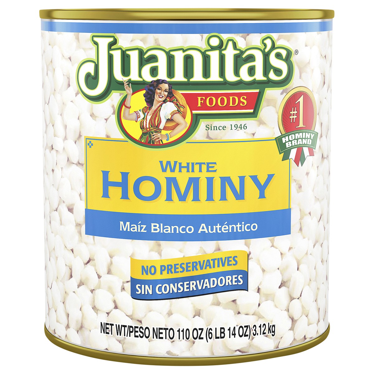 slide 1 of 7, Juanita's White Hominy, Canned Hominy, 110 oz, 105 oz