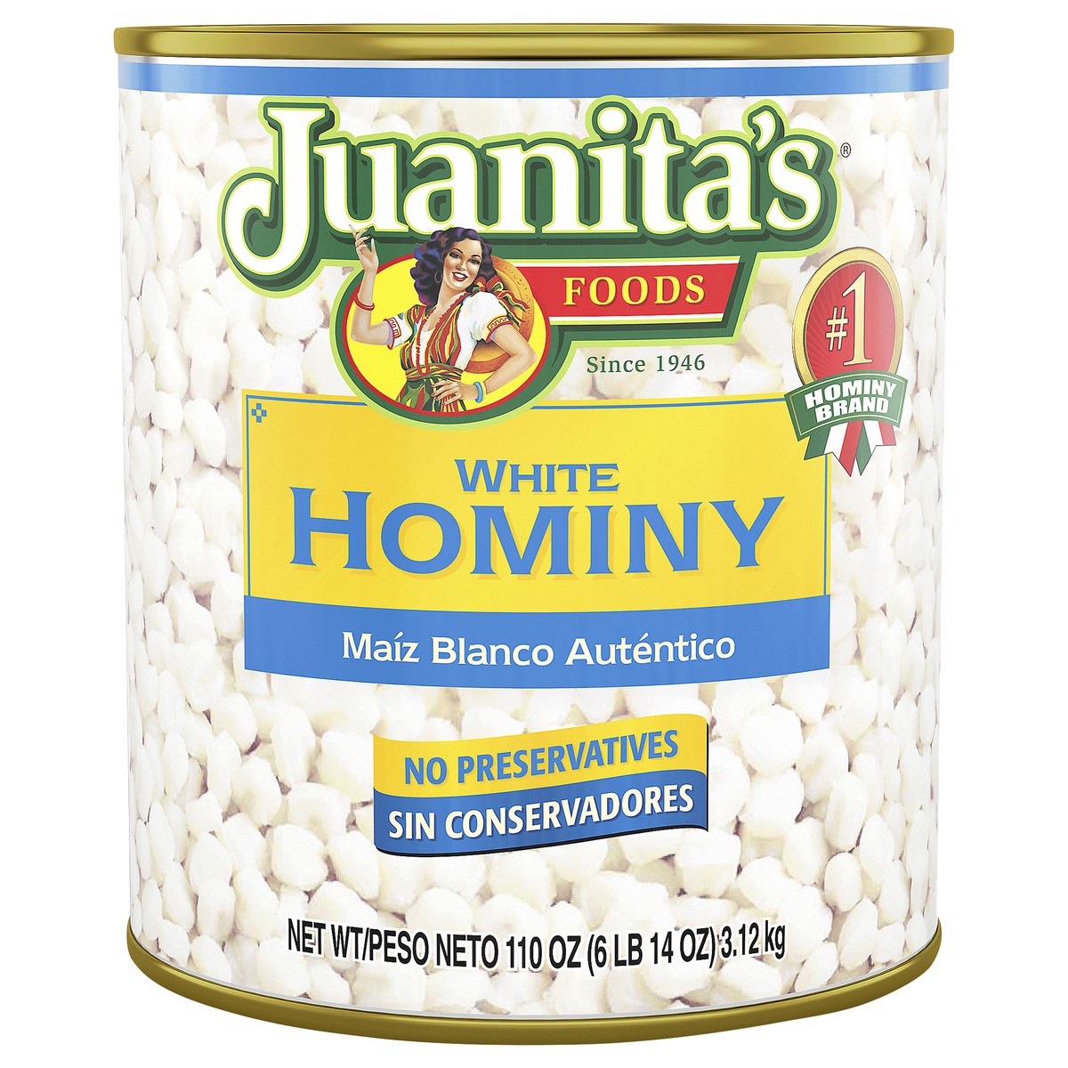 slide 1 of 7, Juanita's White Hominy, Canned Hominy, 110 oz, 105 oz