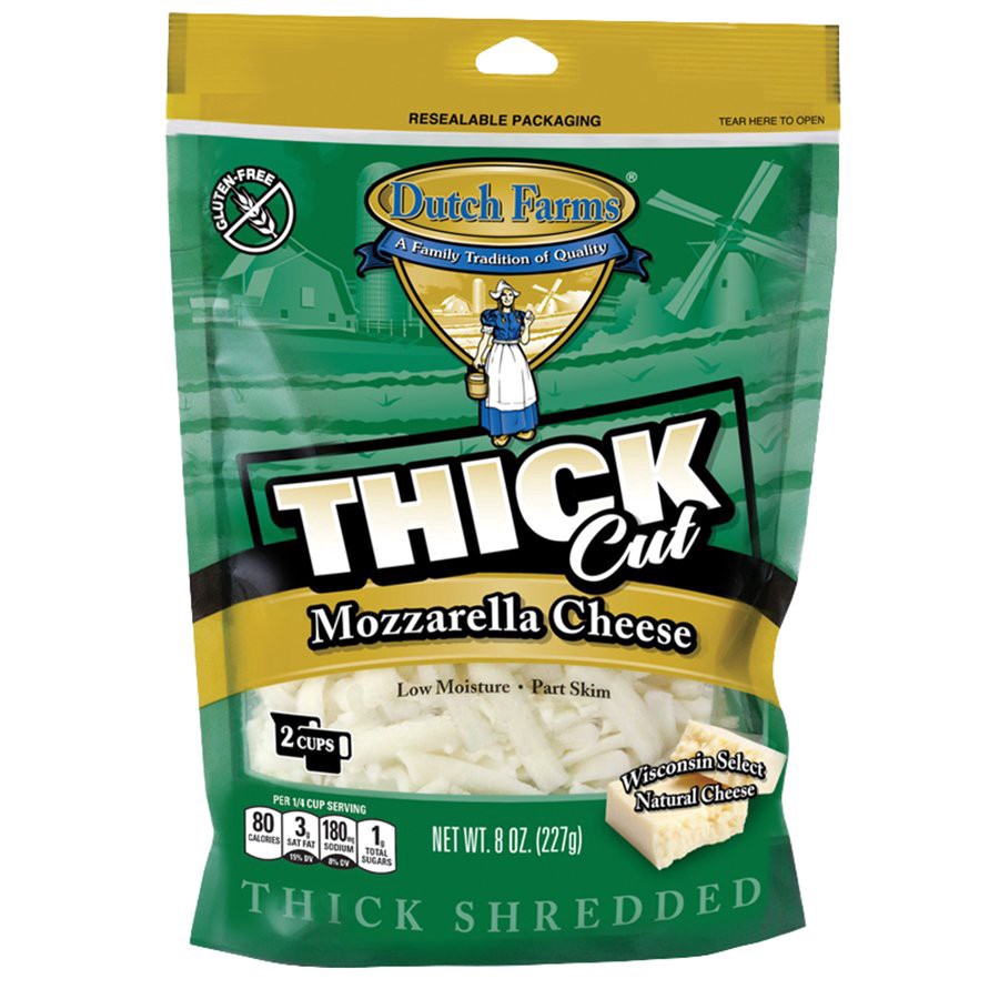 slide 1 of 1, Dutch Farm Thick Cut Shredded Mozzarella Cheese, 8 oz