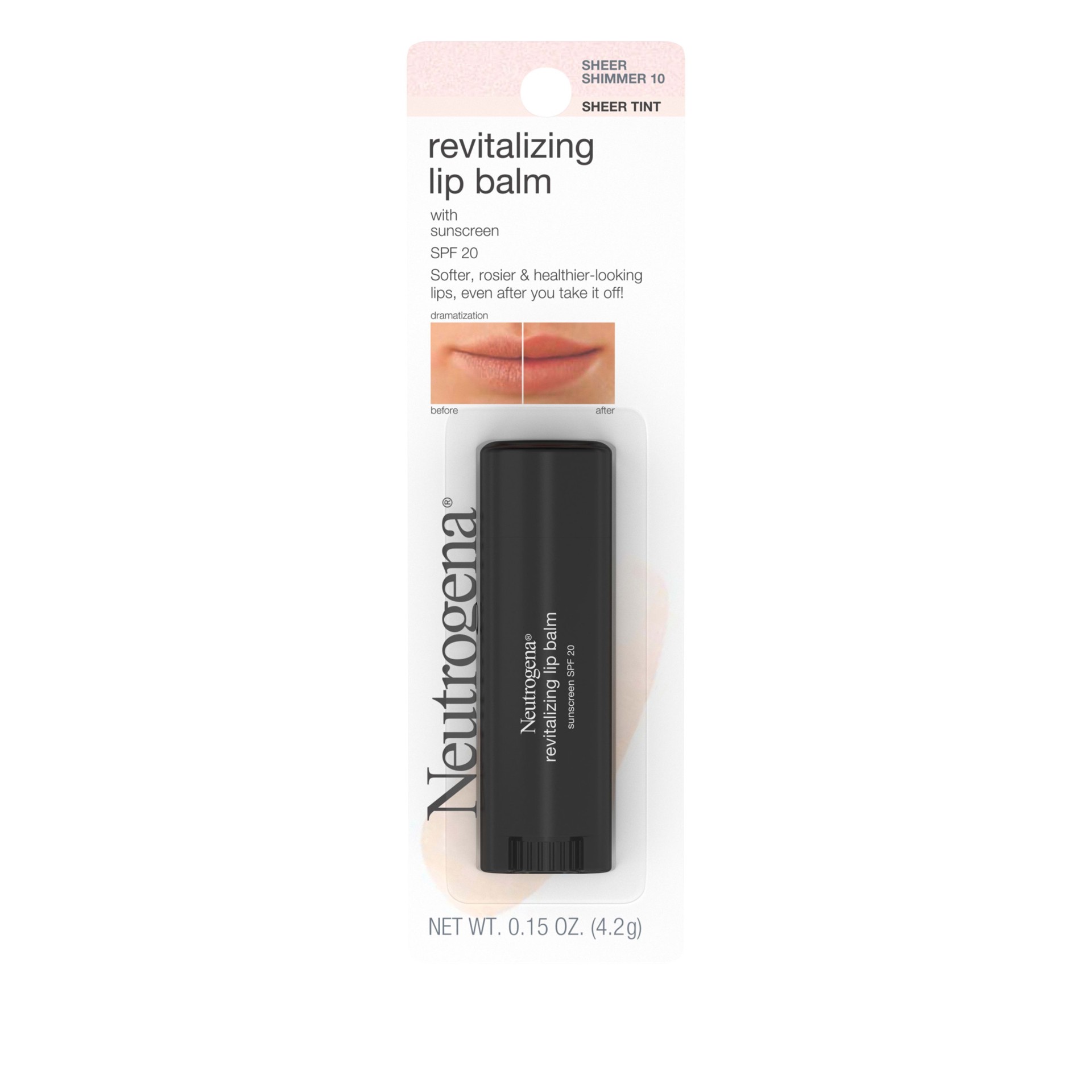 slide 1 of 9, Neutrogena Revitalizing and Moisturizing Tinted Lip Balm with Sun Protective Broad Spectrum SPF 20 Sunscreen, Lip Soothing Balm with a Sheer Tint in Color Sheer Shimmer 10,.15 oz, 0.15 oz