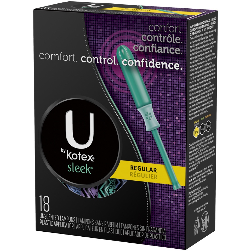 slide 3 of 3, U by Kotex Sleek Regular Unscented Tampons Box, 18 ct