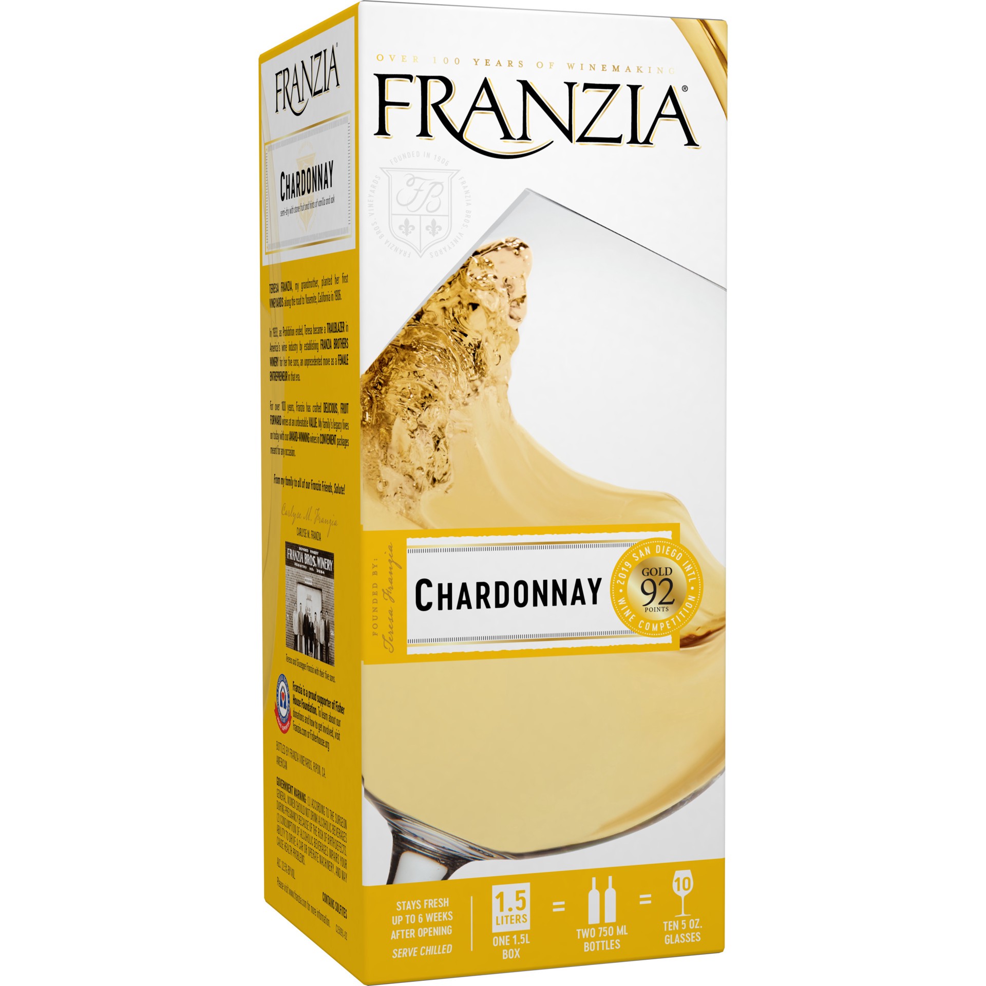 slide 1 of 4, Franzia Chardonnay, White Wine, American, 1 ct, 1.5L Box, 1.50 liter