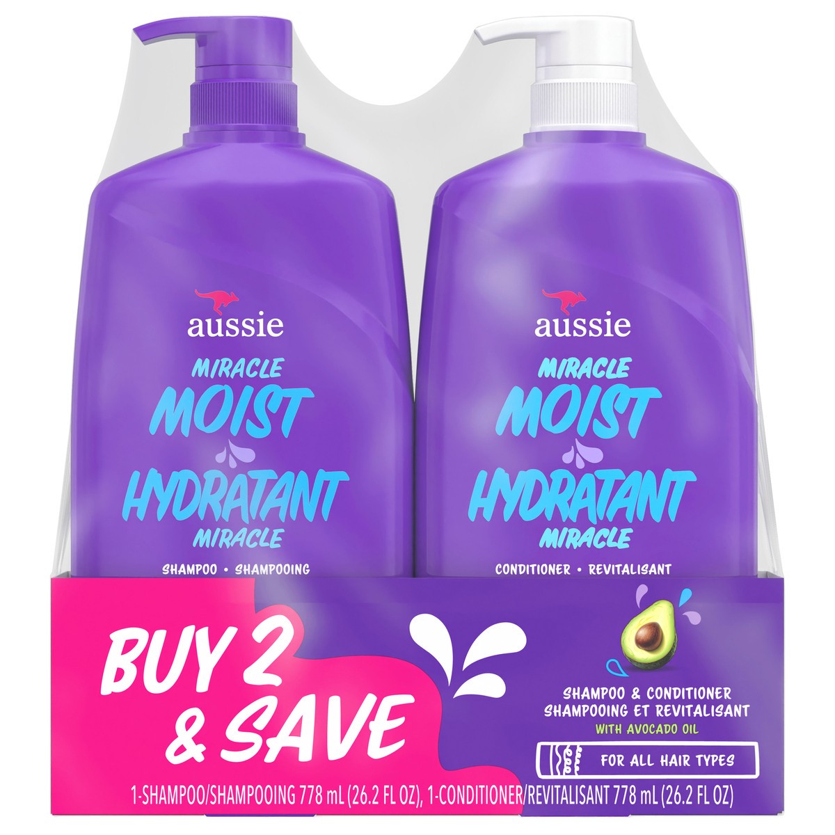 slide 1 of 9, Aussie Miracle Moist Shampoo and Conditioner Dual Pack, for All Hair Types, Paraben-Free, 26.2 fl oz Pump Bottles, 2 ct