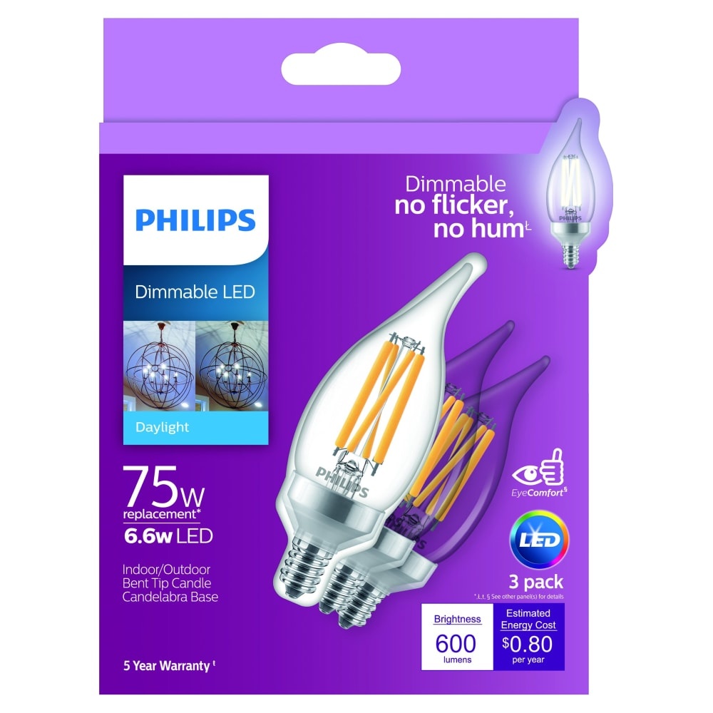 slide 1 of 1, Philips 6.6-Watt(75-Watt) A11 Bent Candle Tip Led Light Bulbs, 3 ct