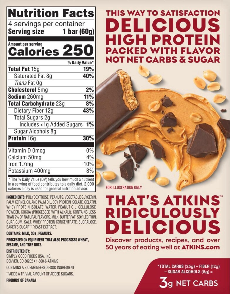 slide 2 of 4, Atkins™ High Protein Meal Bar Chocolate Peanut Butter, 4 ct; 1.76 oz