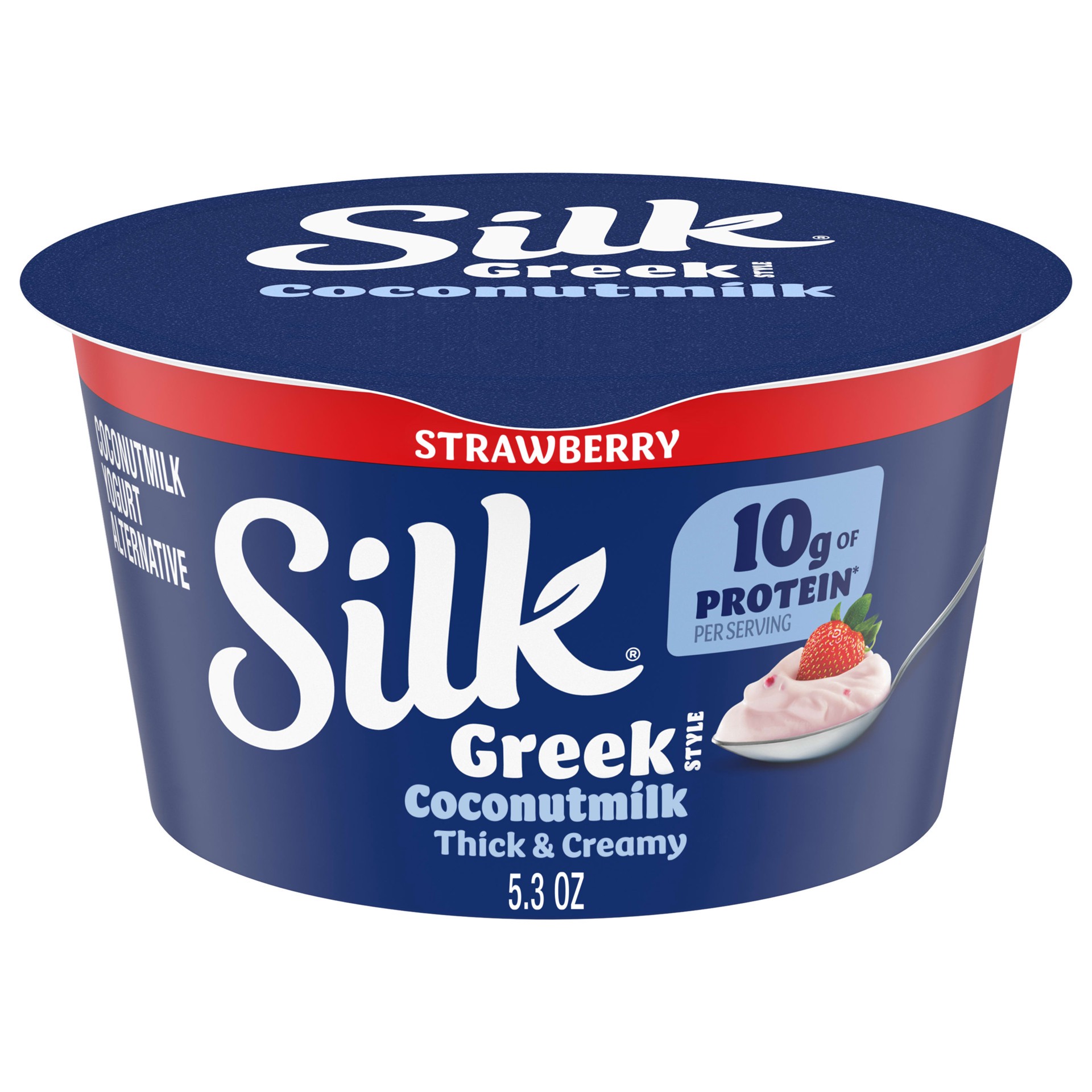 slide 1 of 1, Silk Strawberry Dairy Free, Greek Style Coconut Milk Yogurt Alternative, Thick and Creamy Plant Based Yogurt with 10 Grams of Protein, 5.3 OZ Container, 5.3 oz