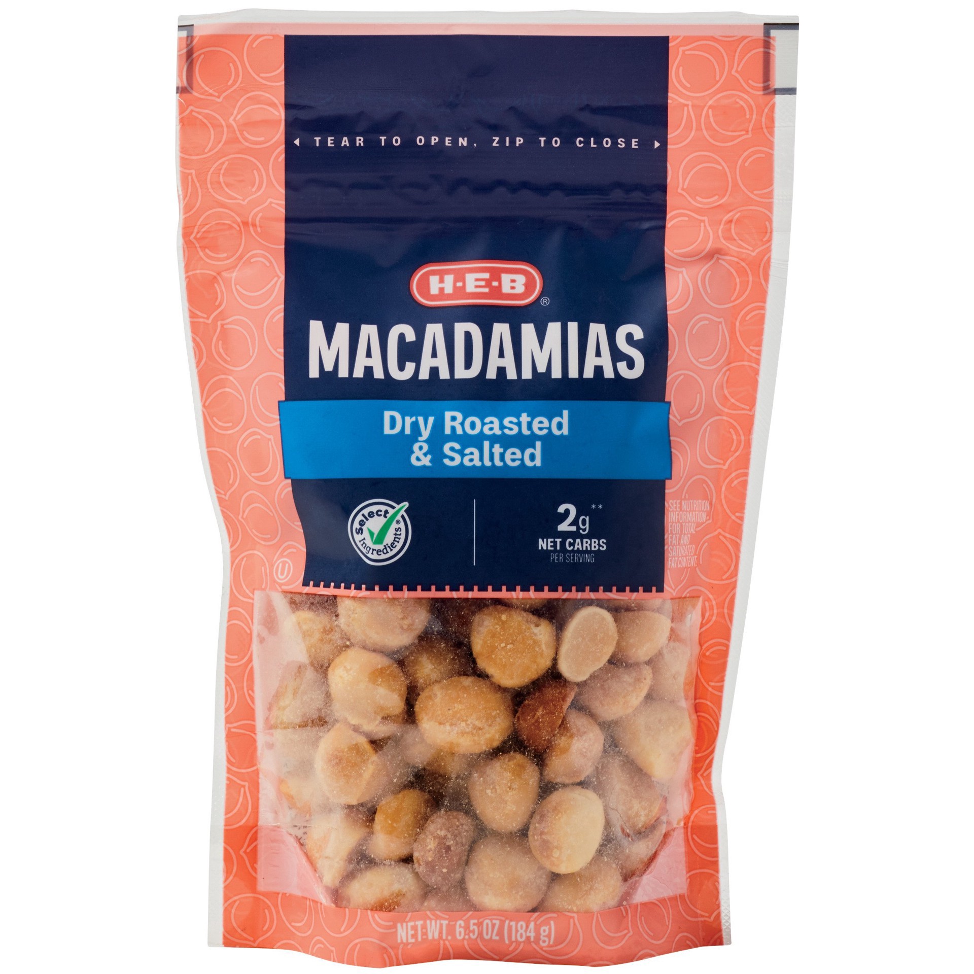 slide 1 of 1, H-E-B Dry Roasted & Salted Macadamia Nuts, 6.5 oz