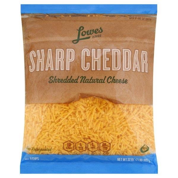 slide 1 of 1, Lowes Foods Shredded Sharp Cheddar Cheese, 32 oz