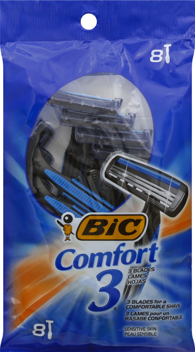 slide 2 of 9, Bic Comfort 3 Sensitive Skin Triple Blade Shavers For Men, 8 ct