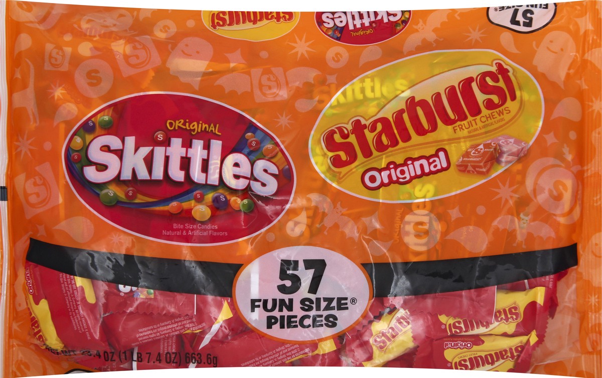 slide 8 of 8, Mixed Skittles and Starburst Original Halloween Candy Bag, 57 Fun Size Pieces, 23.4 ounces, 23.4 oz