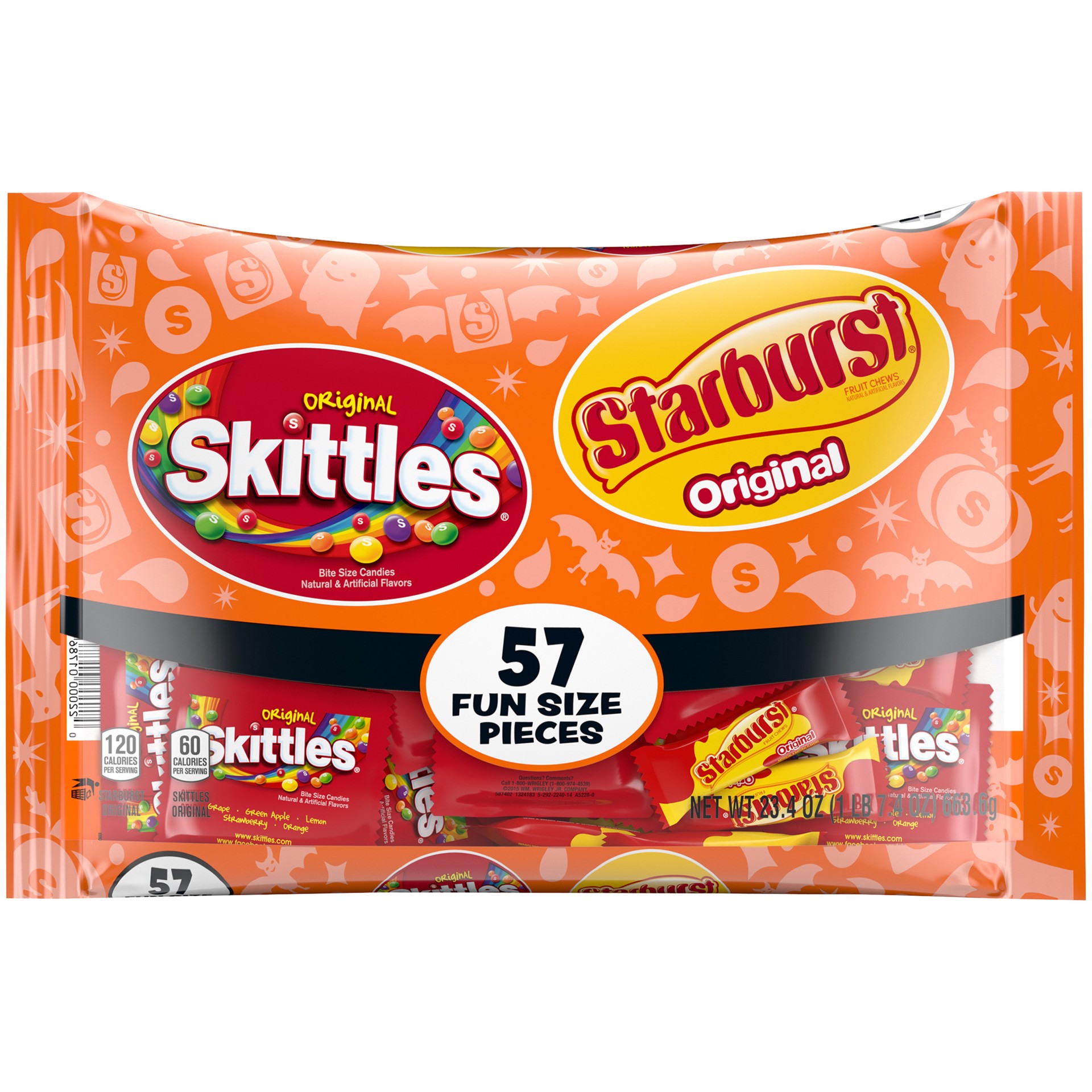 slide 1 of 8, Mixed Skittles and Starburst Original Halloween Candy Bag, 57 Fun Size Pieces, 23.4 ounces, 23.4 oz