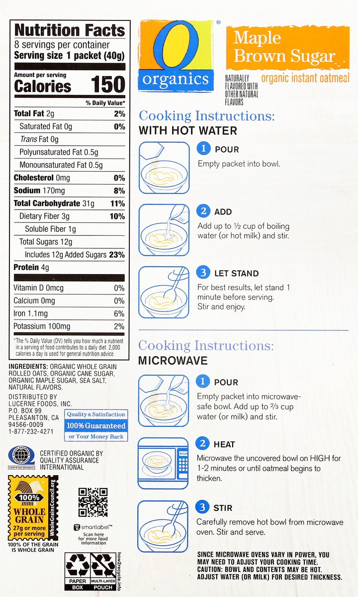 slide 2 of 9, O Organics Oatmeal, Organic Instant, Maple Brown Sugar, 8 ct; 1.41 oz