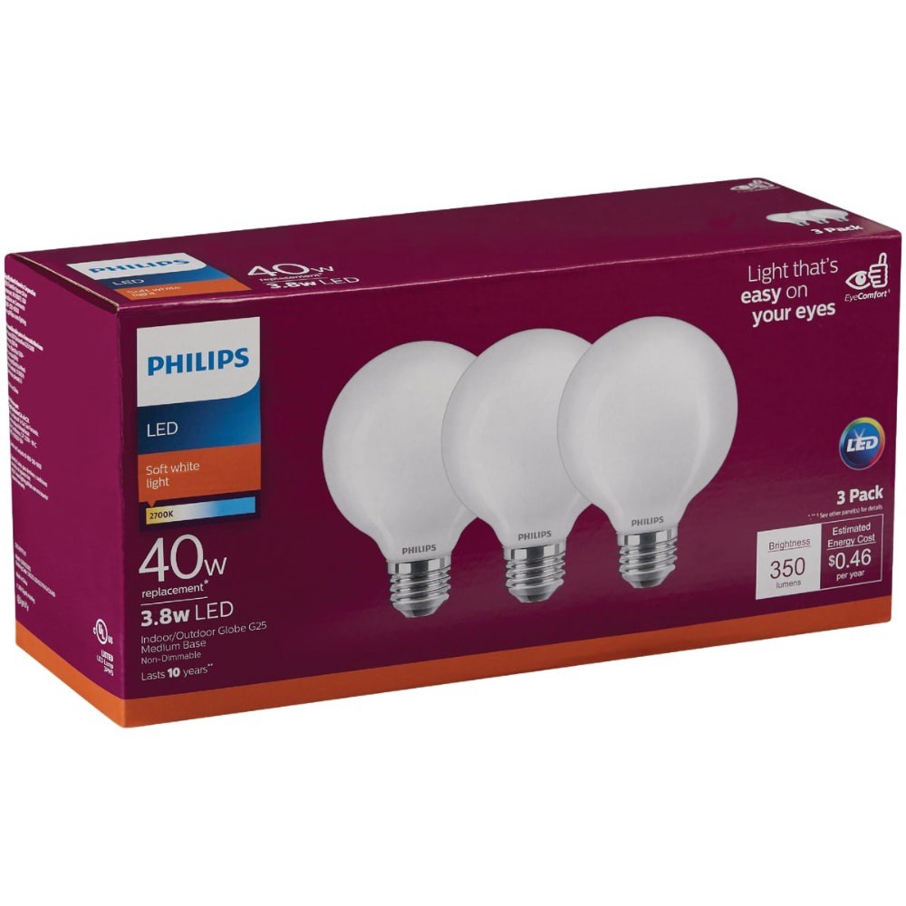 slide 2 of 2, Philips 38Watt 40Watt Medium Base Globe G25 Led Light Bulbs Soft White, 3 ct