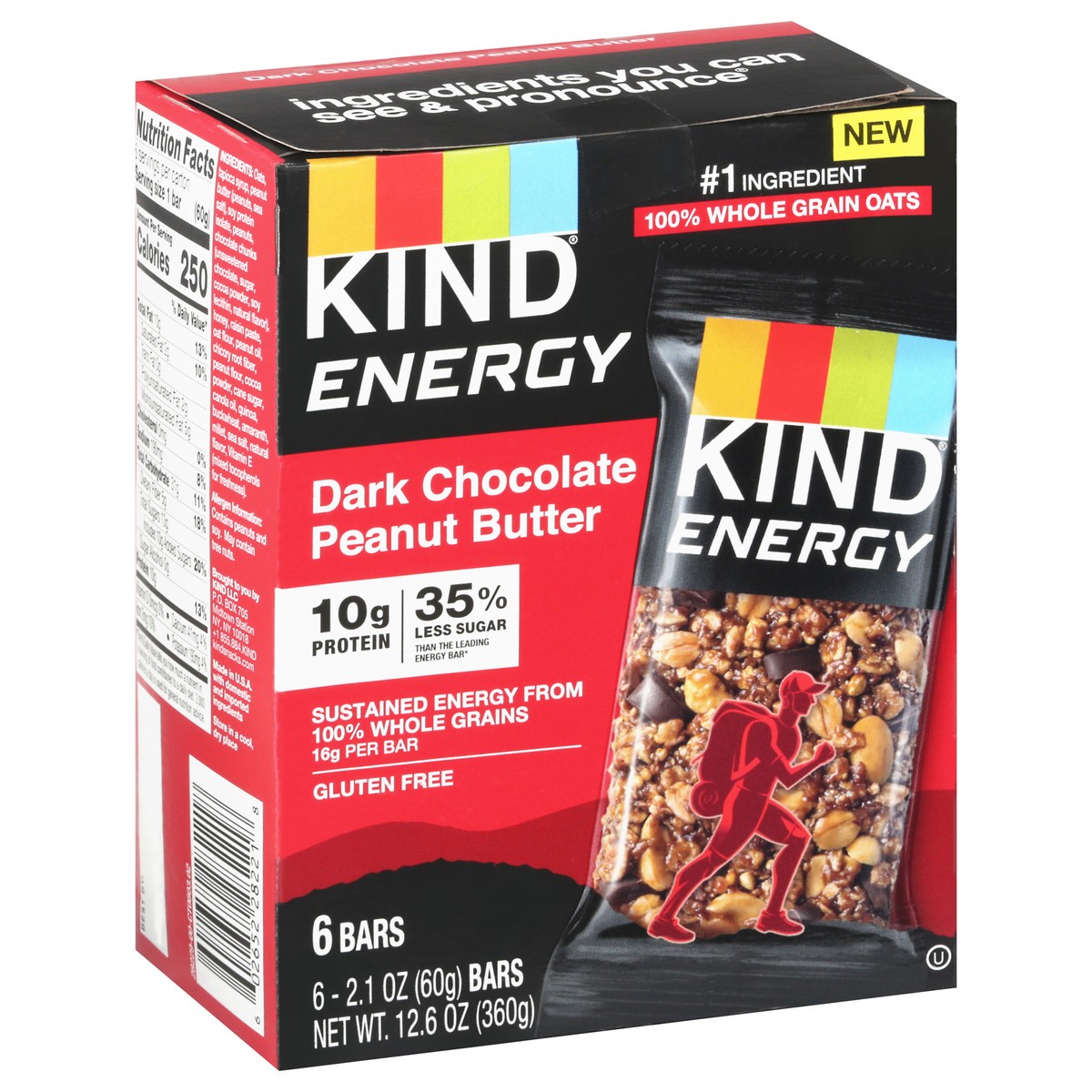 slide 2 of 9, KIND ENERGY Dark Chocolate Peanut Butter, 10g Protein, Energy Bars, 2.1 OZ, (6 Count), 6 ct