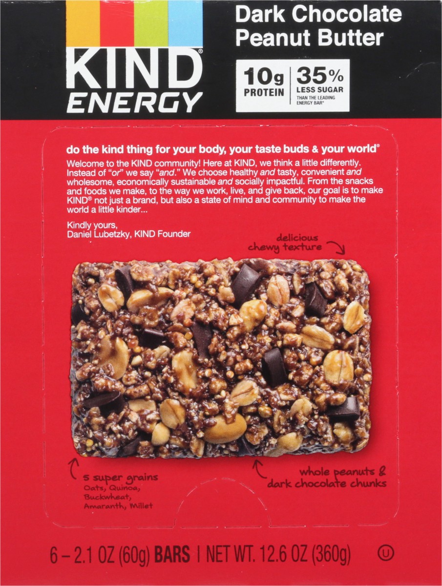 slide 5 of 9, KIND ENERGY Dark Chocolate Peanut Butter, 10g Protein, Energy Bars, 2.1 OZ, (6 Count), 6 ct