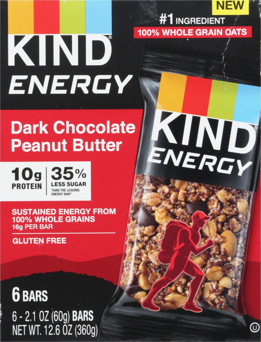 slide 6 of 9, KIND ENERGY Dark Chocolate Peanut Butter, 10g Protein, Energy Bars, 2.1 OZ, (6 Count), 6 ct