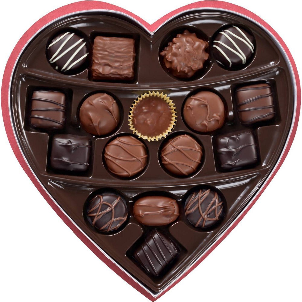 slide 4 of 5, RUSSELL STOVER Valentine's Day Secret Lace Heart Assorted Milk & Dark Chocolate Gift Box, 10 oz. (˜ 17 pieces), 10 oz