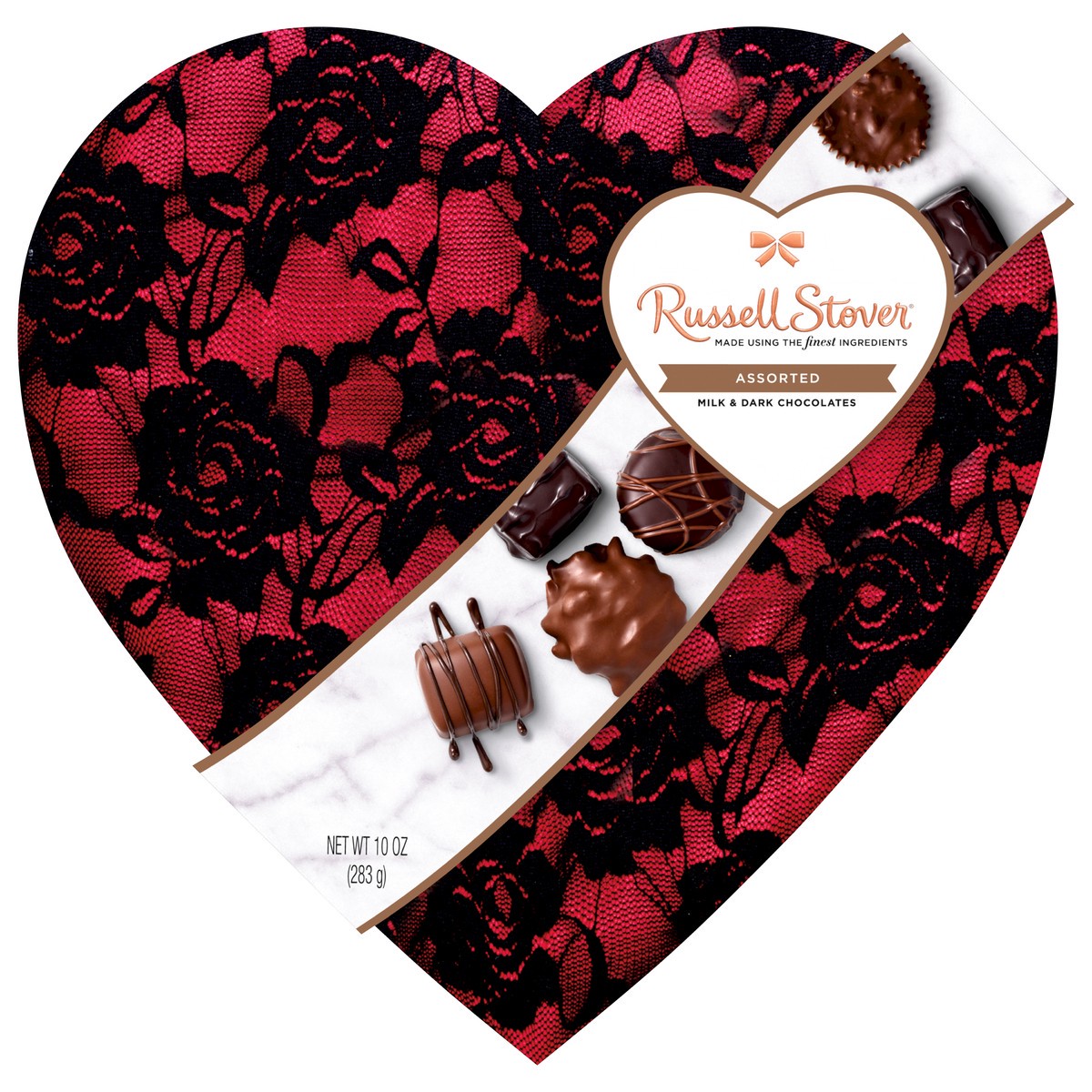 slide 1 of 5, RUSSELL STOVER Valentine's Day Secret Lace Heart Assorted Milk & Dark Chocolate Gift Box, 10 oz. (˜ 17 pieces), 10 oz