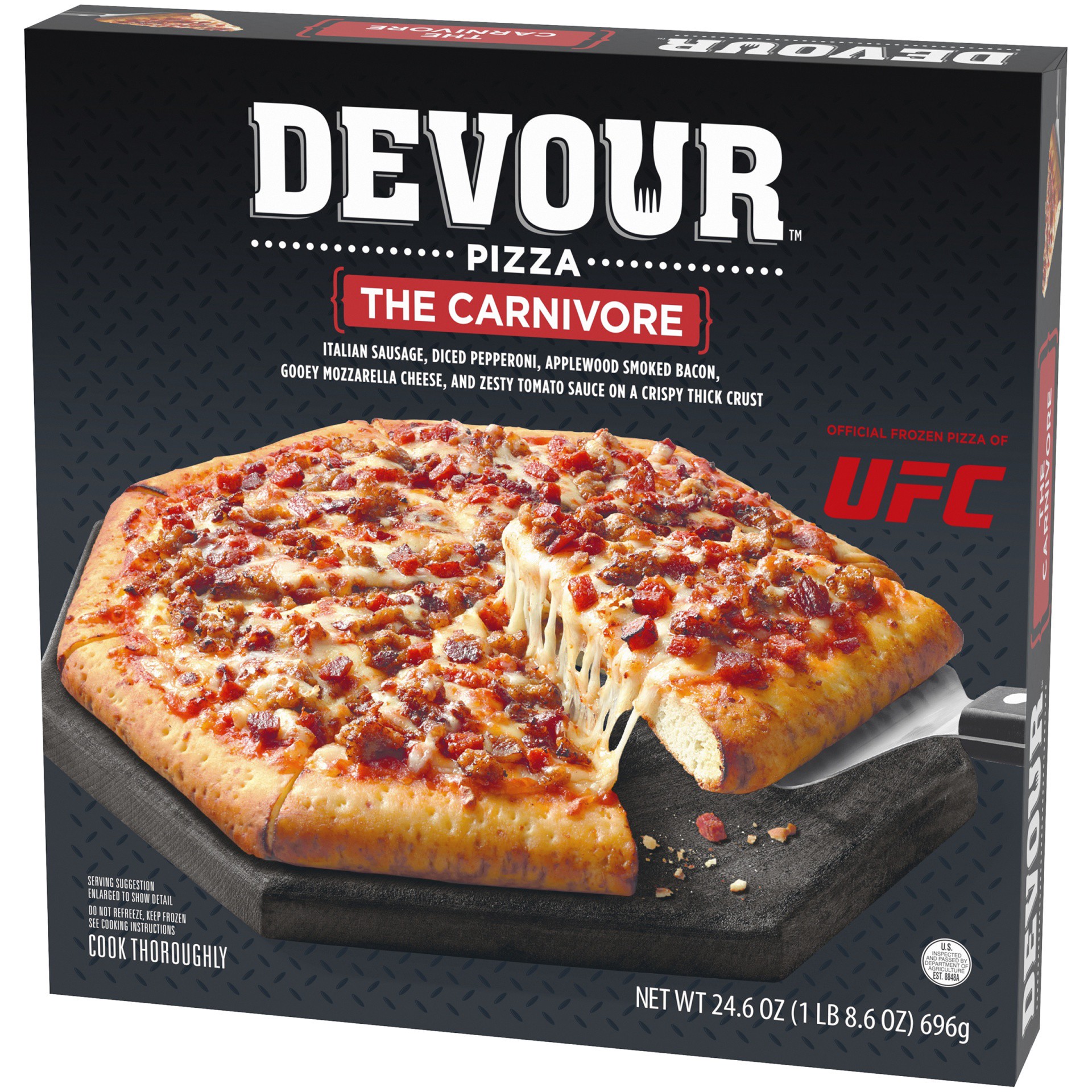 slide 9 of 12, DEVOUR The Carnivore Meat Lovers Frozen Pizza, 24.6 oz Box, 24.6 oz